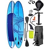 BRAST® SUP Board Shark | Aufblasbares Stand up Paddle Set | 320x81x15cm | 8 Designs | 5 Jahre Garantie | inkl. Sonderzubehör | 2in1 Paddel Kajak-Sitz Action-Cam-Halterung Fußschlaufe Pumpe Rucksack