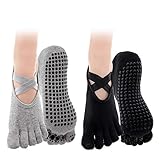 YINETTECH 2 Paar Anti-Rutsch Yoga 5 Zehen Socken Set Damen Vollzehen Workout Grau + Schwarz