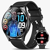 Lgnitek 2025 Smartwatch Herren mit ΒΙυtｚυcker/EKG/BMI/Harnsäure 44mm, Rund 1,43' AMOLED Gesundheitsuhr mit 24/7 Pulsuhr Schlafmonitor SpO2 ΒΙυtdrυck Bluetooth-Anrufe SOS-Notruf, Fitness-Uhr, Schwarz