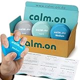 Calm.on® Anti Stress Ball für Erwachsene, 3 Quetschbälle in verschiedenen Stärken & Farben – Handtrainer & Fingertrainer für Erwachsene & Kinder, inkl. Booklet mit 12 Übungen gegen Stress – Stress.off